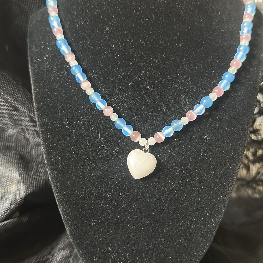 Candy Heart Necklace (Pink & Blue Cat Eye,Moonstone,Rose Quartz & Aquamarine